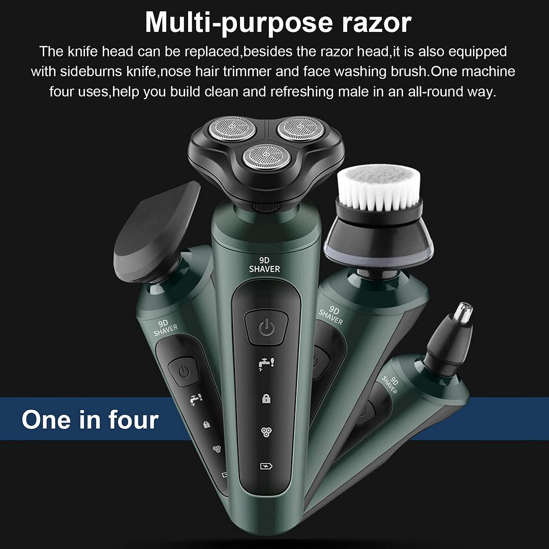 4 in 1 Mens Electric Shaver Washable Razor Multifunctional Beard Trimmer Rotary Shaver Cordless Sideburn Trimmer Nose Trimmer Facial Cleasing Brush Wet Dry Shaver Waterproof USB Rechargeable