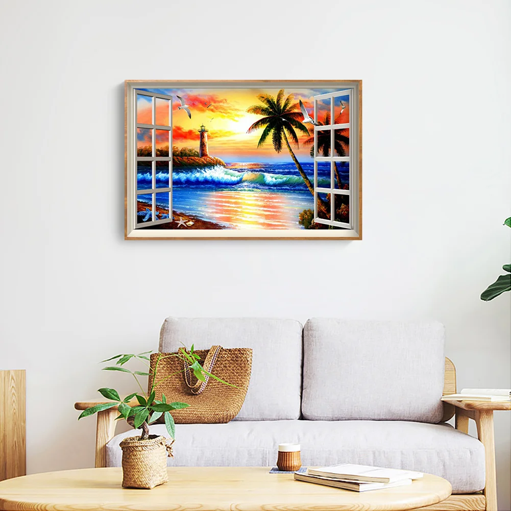 Diamond Painting - Full Round Drill - Sunset Window Beach(40*30cm)