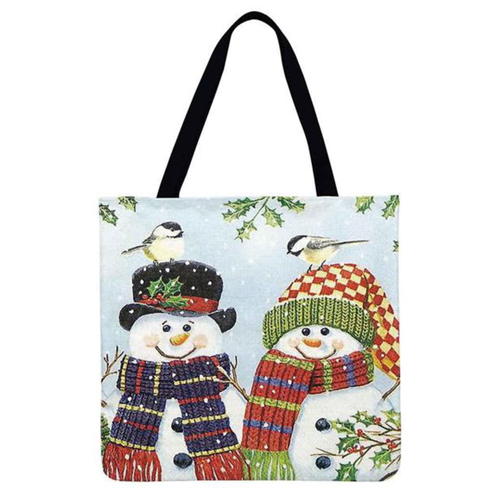 Linen Tote Bag-Christmas couple snowman