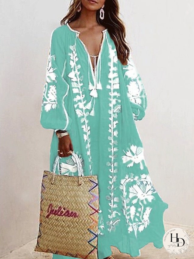 Casual Dress Swing Long Maxi Green Blue Khaki Sleeve Floral Patchwork Fall Spring Neck
