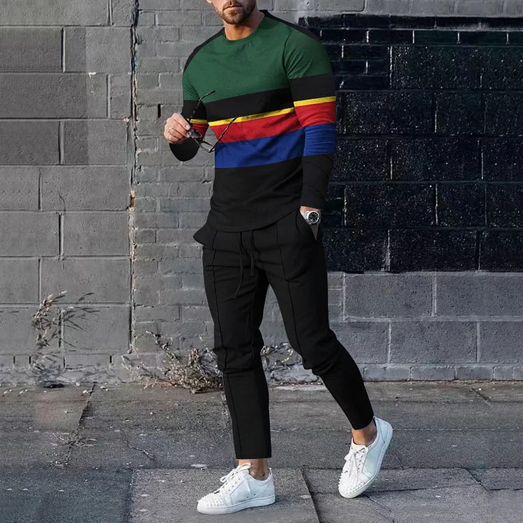 Men's Contrasting Colors Print Long Sleeve T-Shirt And Pants Co-Ord