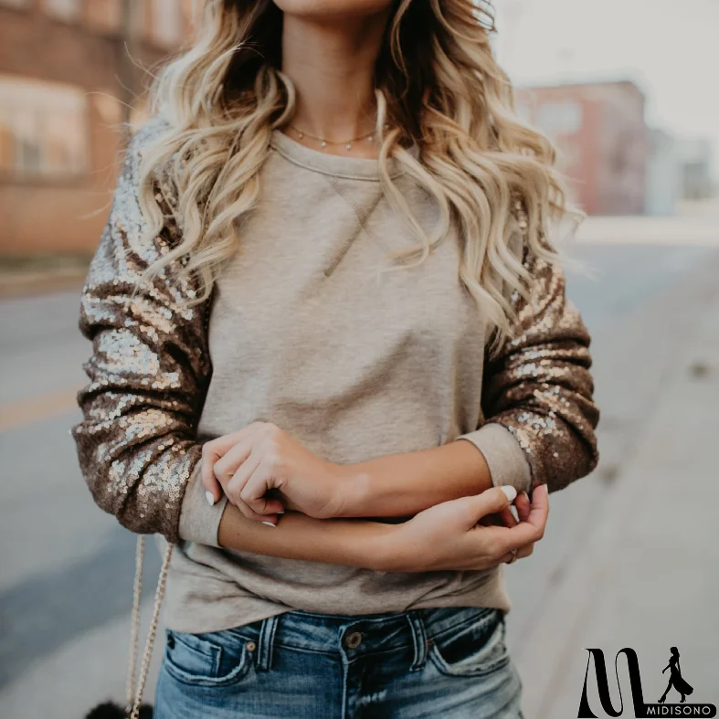 MidiSono - Fashion Round Neck Sequined Long-Sleeved T-Shirt