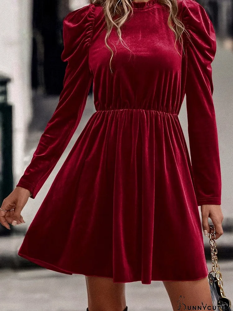 Crimson Dahlia Velvet Frilled Neck Gigot Sleeve A-Line Mini Dress