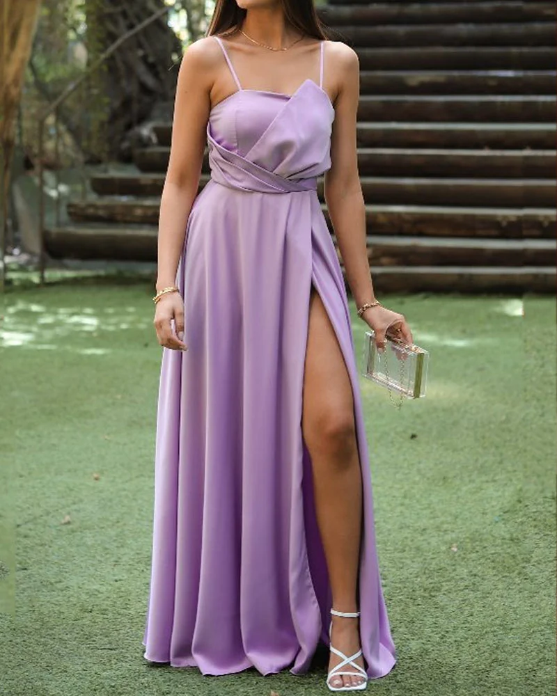 Fashion Solid Color Slit Gown Dress