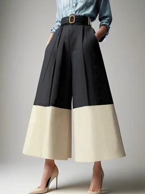 Image of High Waisted Loose Contrast Color No Belt Pleated Pockets Pants Trousers