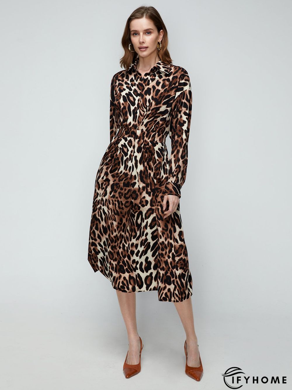 Daily Long sleeve Shirt Collar Urban Leopard Dress | IFYHOME