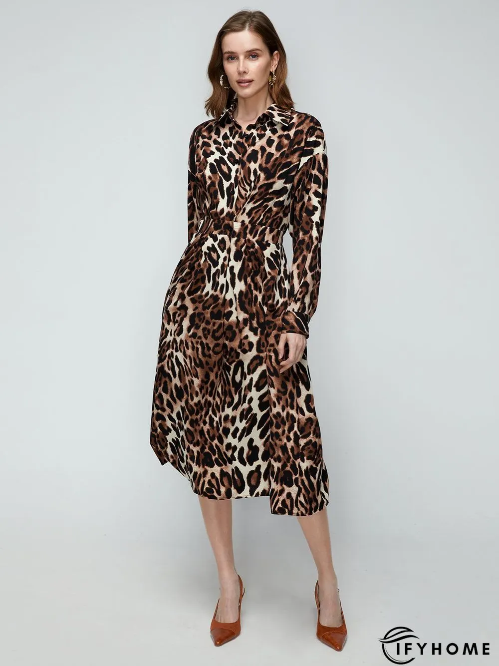 Daily Long sleeve Shirt Collar Urban Leopard Dress | IFYHOME