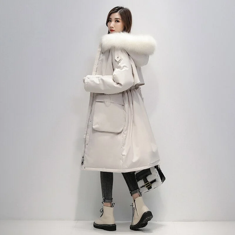 FTLZZ Winter Artificial Fur Hooded Long Jacket 90% White Duck Down Coat Big Pocket Parkas Loose Warm Jackets Yellow Snow Outwear