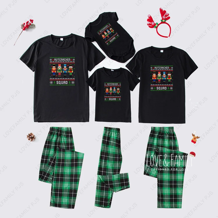 Nutcracker Squad Christmas Family Short Sleeve Green Pajamas Sets