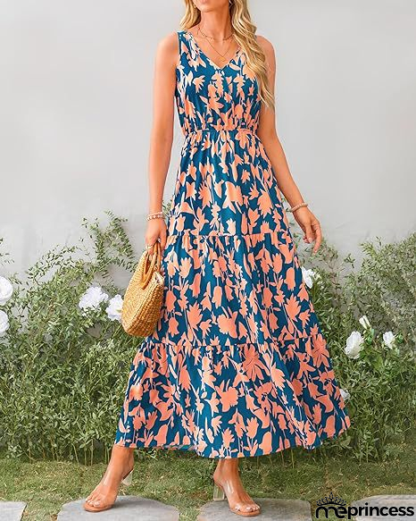V-Neck Sleeveless Printed Maxi Dress