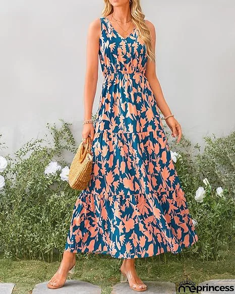 V-Neck Sleeveless Printed Maxi Dress