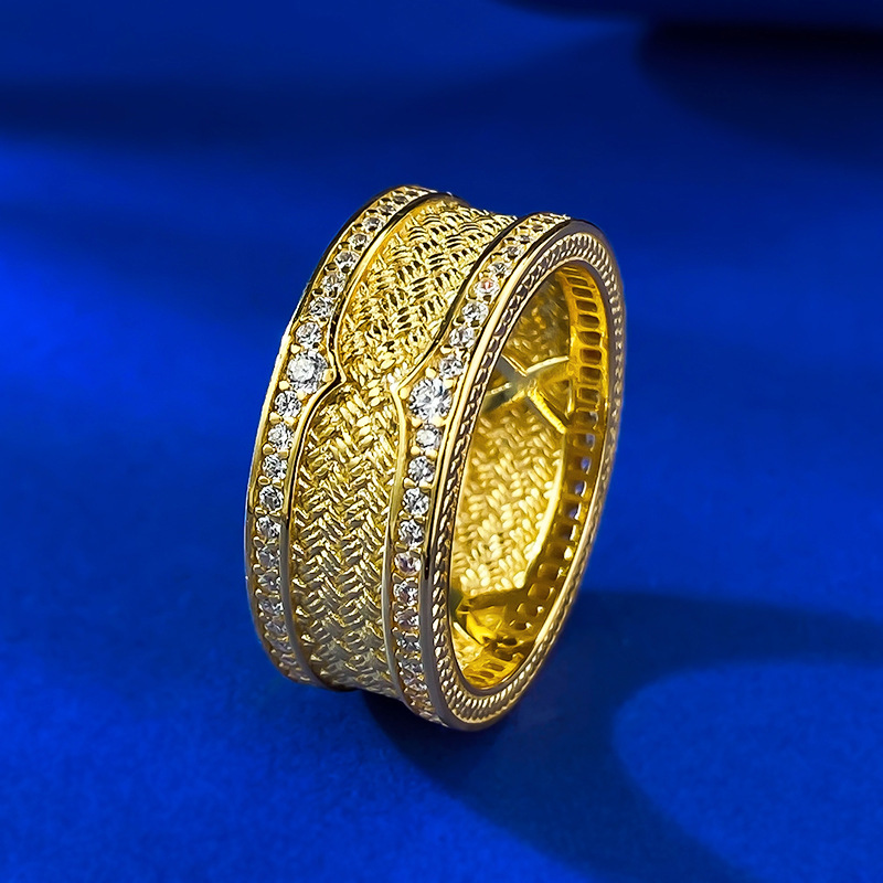 MIKAMU Plated in14k yellow gold Wide Woven Band Ring with Diamond Inlay