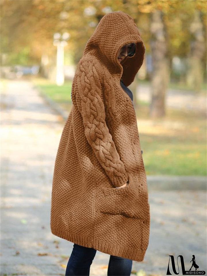 MidiSono - Women's Warm Buttoned Hooded Long Sweater Cardigan