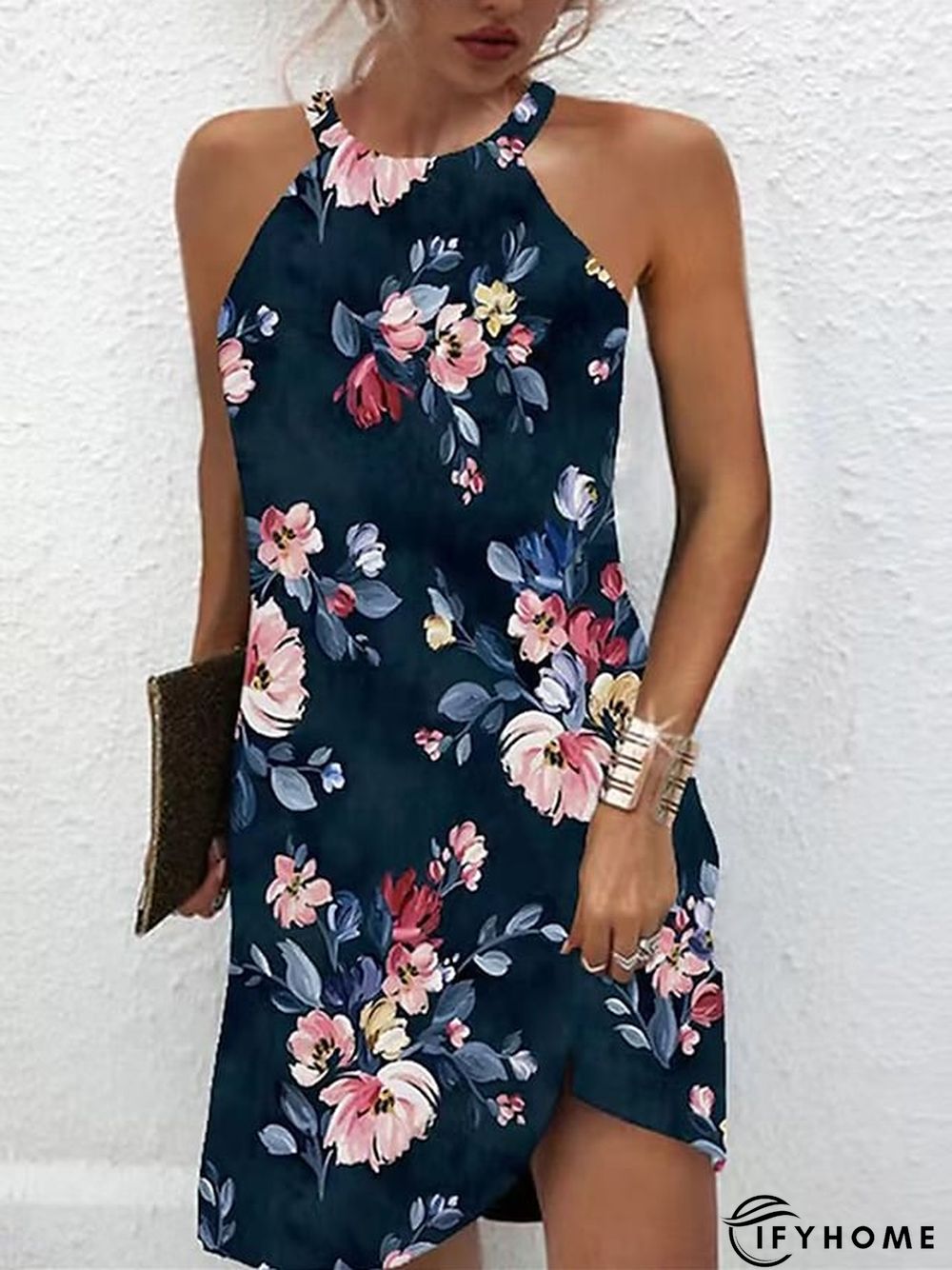 Women's Casual Dress Summer Dress Halter Neck Dress Floral Print Halter Mini Dress Active Fashion Outdoor Daily Sleeveless Regular Fit Yellow Pink Blue Spring Summer S M L XL XXL | IFYHOME