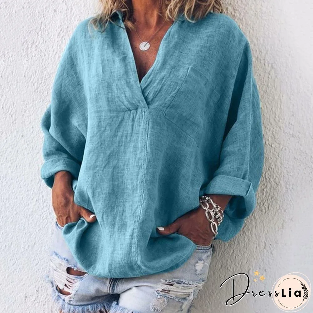 XS-8XL Autumn Tops Plus Size Fashion Clothes Women's Casual Long Sleeve Tee Shirts Deep V-neck Tunic Tops Ladies Blouses Pullover Loose T-shirts Solid Color Linen Blouses