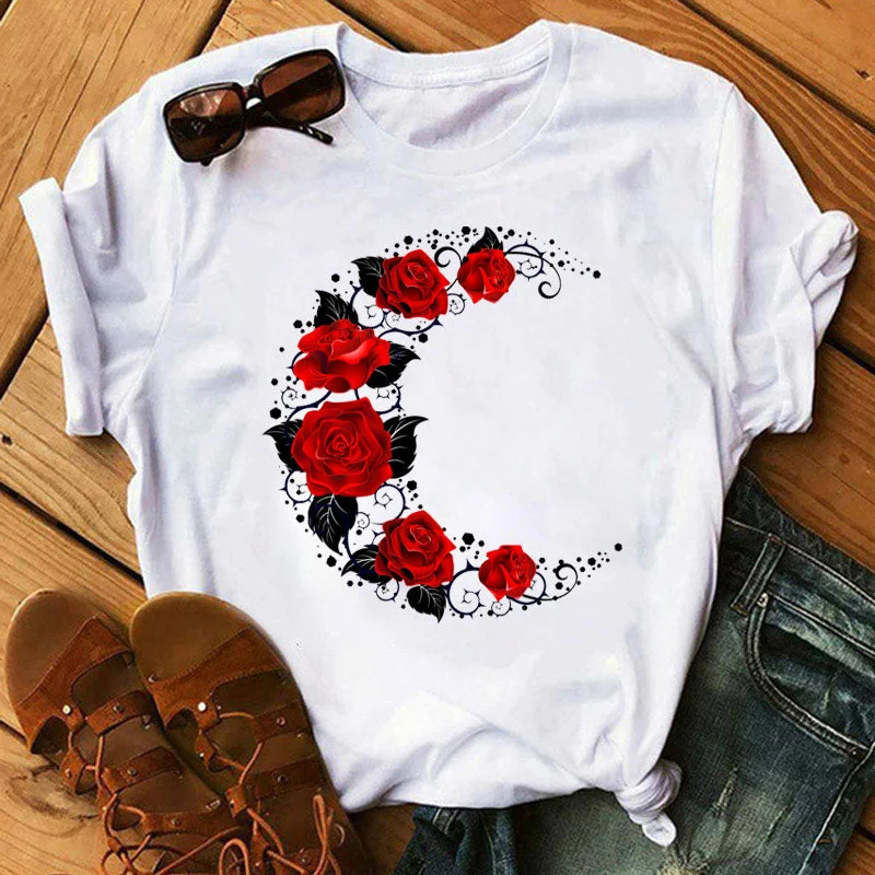 New Fashion Women Black T Shirt Red Rose Musical Note Printed T Shirt Harajuku Cute Graphic Tee Shirt Female Ladies Casual Tops