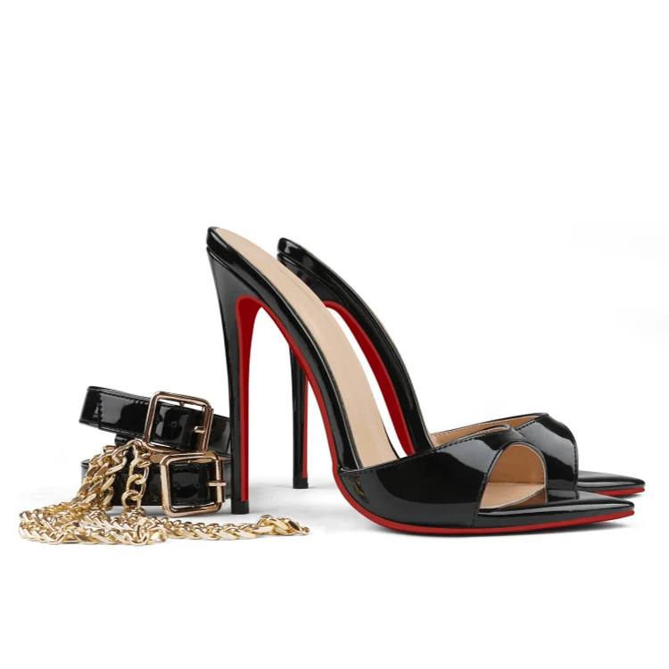 120mm Women's Sandals Removable Chain Ankle Strap Pointed Toe Mules Heels VOCOSI VOCOSI