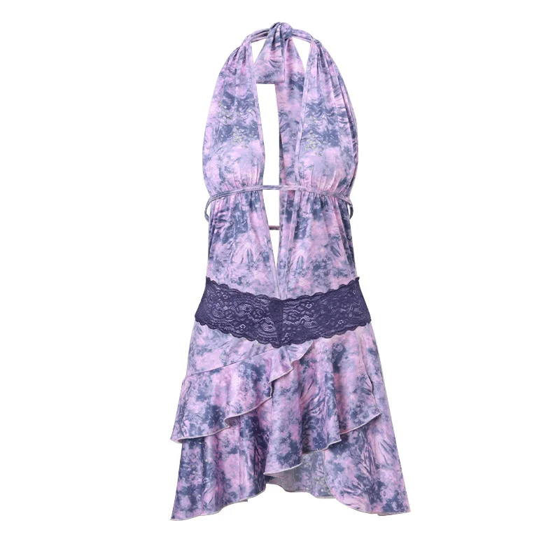 Uveng Uveng Women's Fall 2023 Burst Sexy Hot Girl Hanging Neck Deep V Hollow Out Lace Temperament Dress Woman