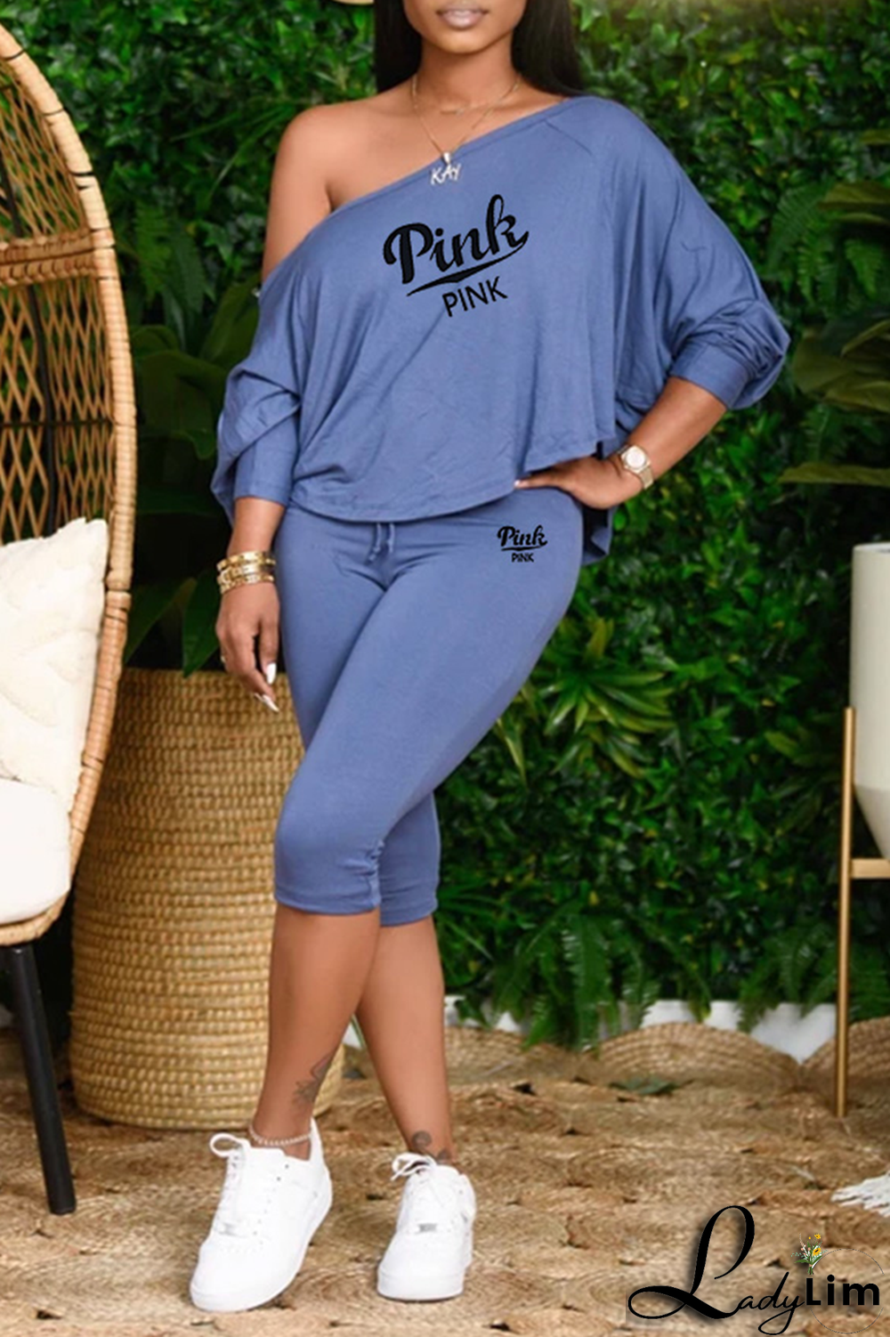 Gray White Fashion Print Patchwork One Shoulder Long Sleeve Two Pieces