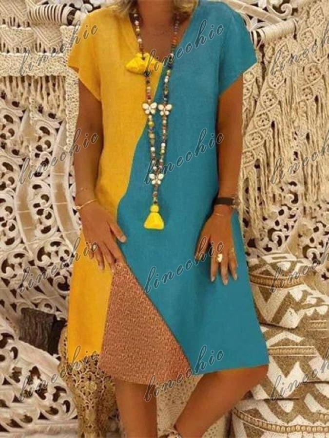 Women   Casual Loose Stitching Color Dresses