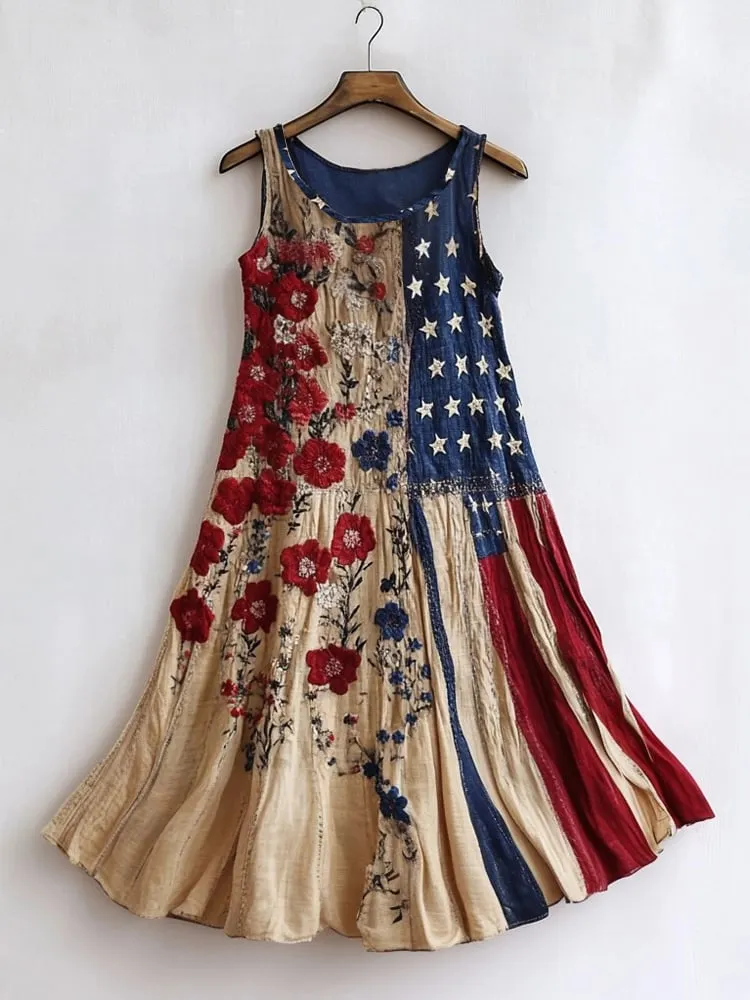 Women's Independence Day Floral Print Sleeveless Dress 