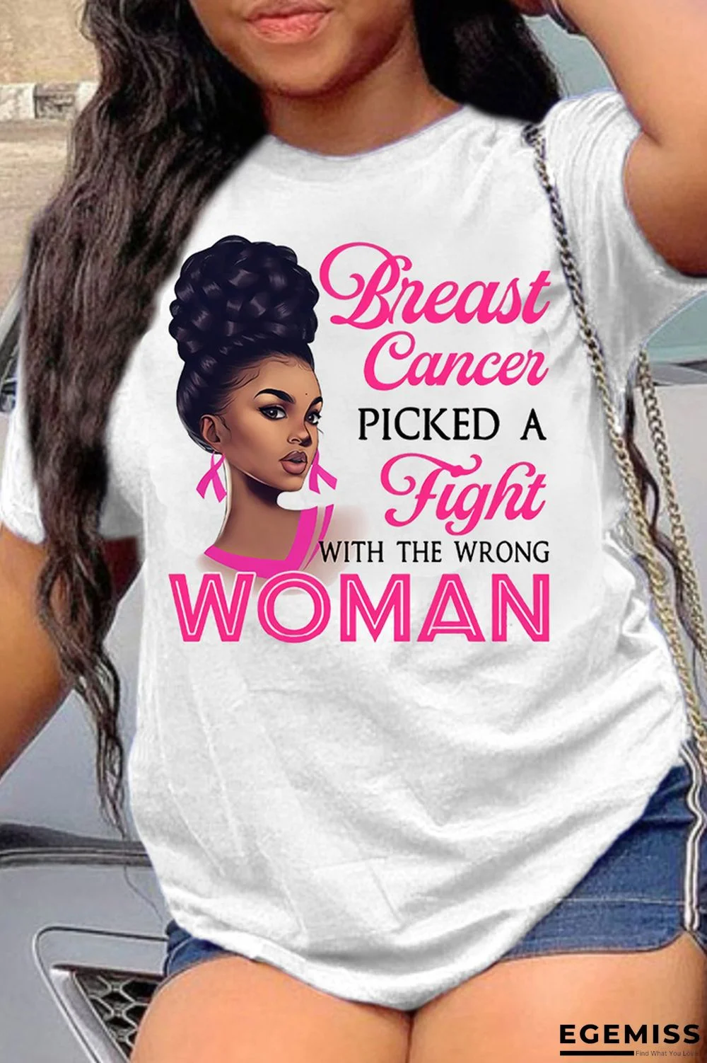 White Pink Fashion Casual Print Basic O Neck T-Shirts | EGEMISS