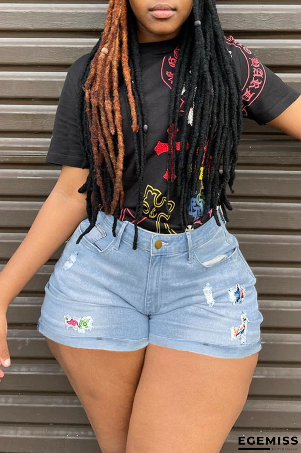 Light Blue Fashion Casual Print Patchwork Regular High Waist Conventional Positioning Print Plus Size Denim Shorts | EGEMISS