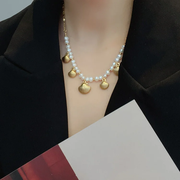 Metal Shell Irregular Freshwater Pearl Pendant Necklace