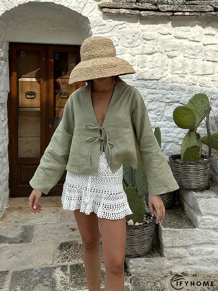 Cotton Line Tops Women Lace Up V-neck Loose Solid Shirts Female 2024 Summer New Long Sleeves Fashion Casual Soft Shirt Lady | IFYHOME