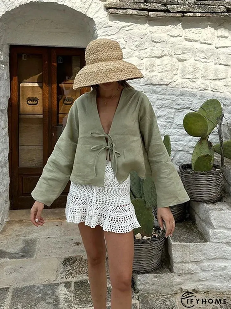 Cotton Line Tops Women Lace Up V-neck Loose Solid Shirts Female 2024 Summer New Long Sleeves Fashion Casual Soft Shirt Lady | IFYHOME