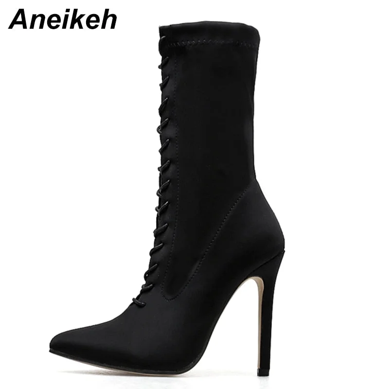 Aneikeh New Boots Women 2021 Autumn Fashion Ankle Pointed Toe Shoes Stretch Cross-Tied Lace-Up Stiletto High Heel Botas Mujer 42