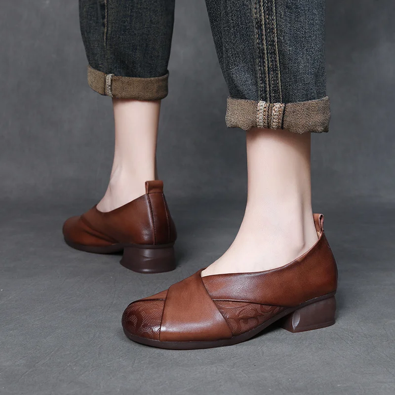 Yyvonne Layer Of Cowhed Leather Retro Windy Mother Shoes Autumn New Soft-Soled Single Shoes Women Casual Small Leather Shoes