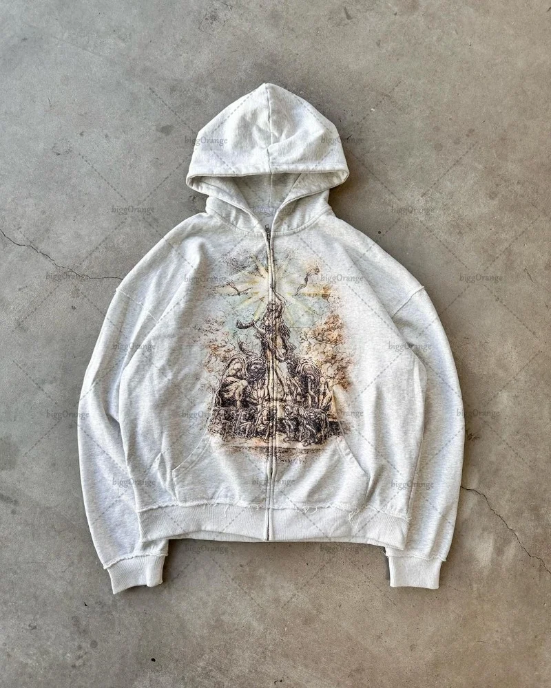 Aonga Gothic Punk Style Graphic Zipper Sweatshirt Harajuku Retro Street Cross Print Oversized Sweatshirt Men Trendy Brand Loose Jacket aonga