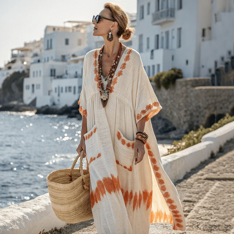 Comstylish Women's Tie Dye Art Print V-neck Loose Linen Blend Midi Dress