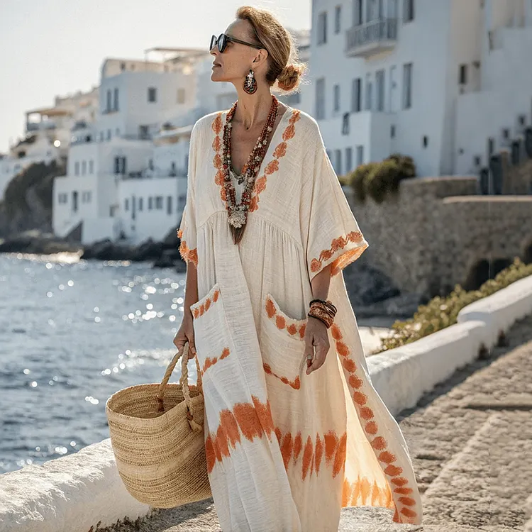 Women's Tie Dye Art Print V-neck Loose Linen Blend Midi Dress