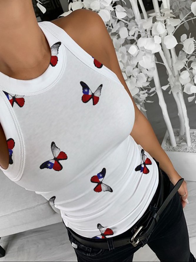 Crew Neck Casual Sleeveless Cotton-Blend Shirts & Tops