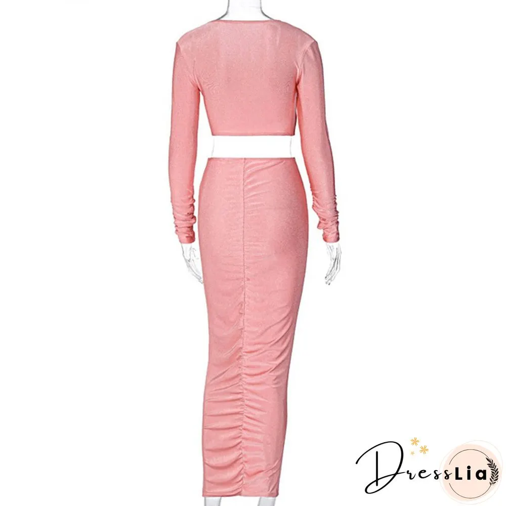 Neck Ruched Party Co-Ord Sets Women Clubwear Long Sleeve Bodycon Skinny Crop Top And Skirt