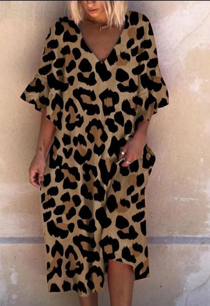 Leopard Print V-neck Lotus Leaf Sleeve Plus Size Dress