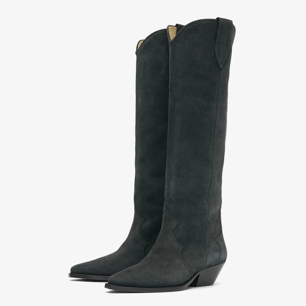 Black Pointed Toe Block Low Heel Long Cowgirl Boots for Women