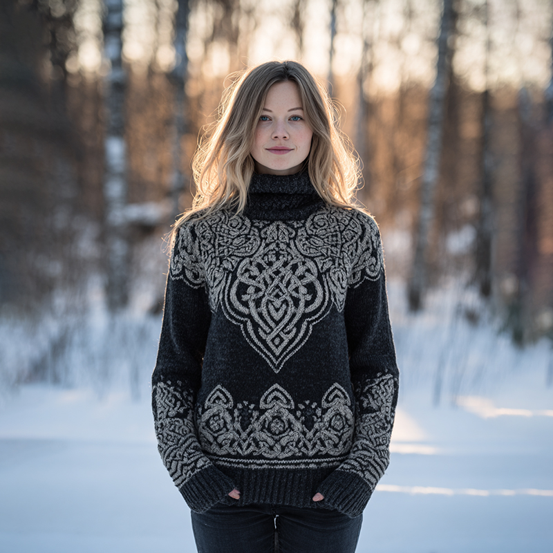 Women's Viking Celtic Knot Art Pattern Knit Turtleneck Sweater elevenforest