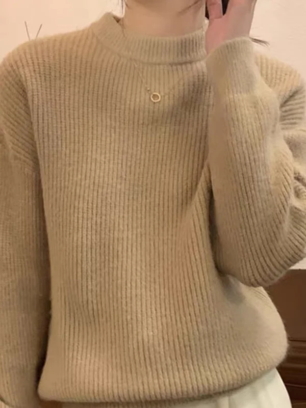 Long Sleeves Loose Solid Color Round-Neck Pullovers Sweater Tops