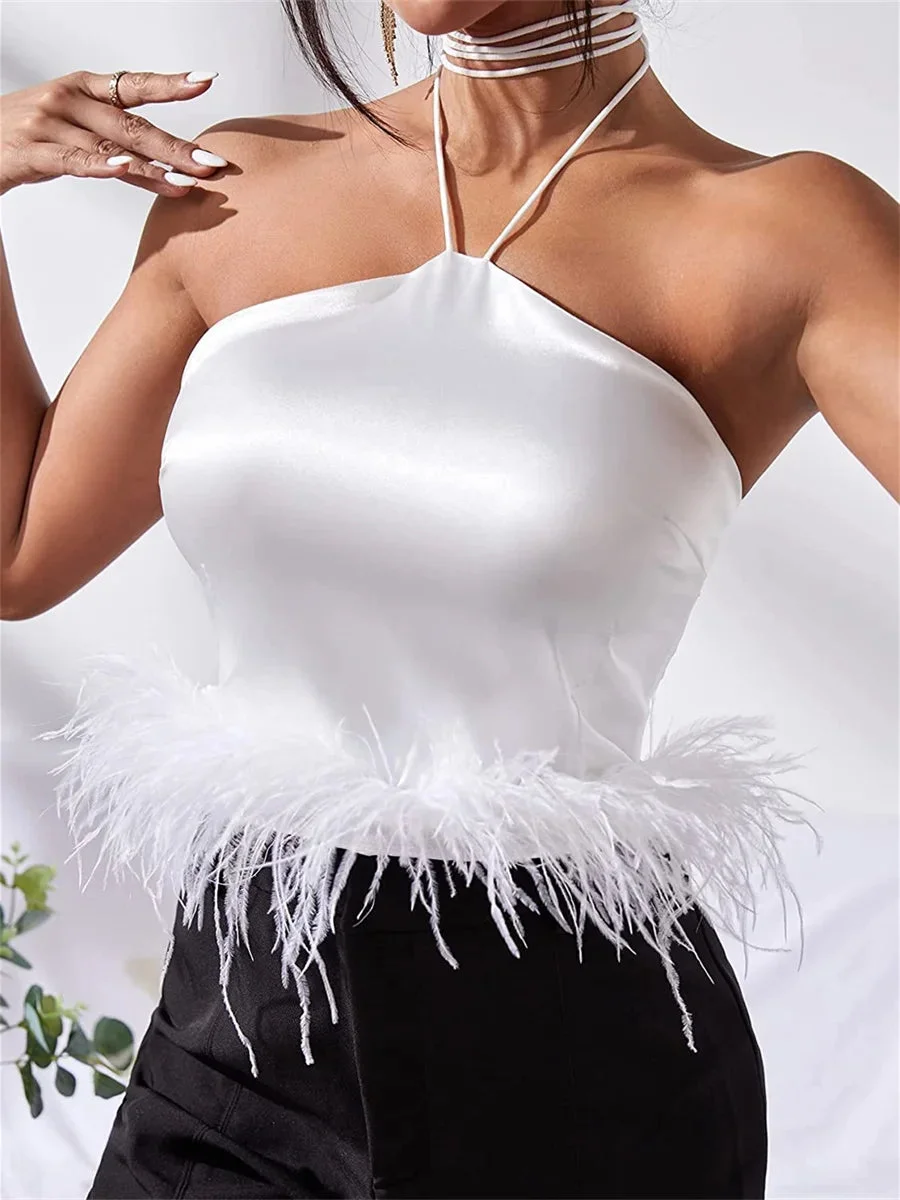 Oocharger Chic Summer Women Halterneck Feather Trim Bustiers Crop Tops Summer Fashion Sleeveless Backless Tank Tops for Club Party