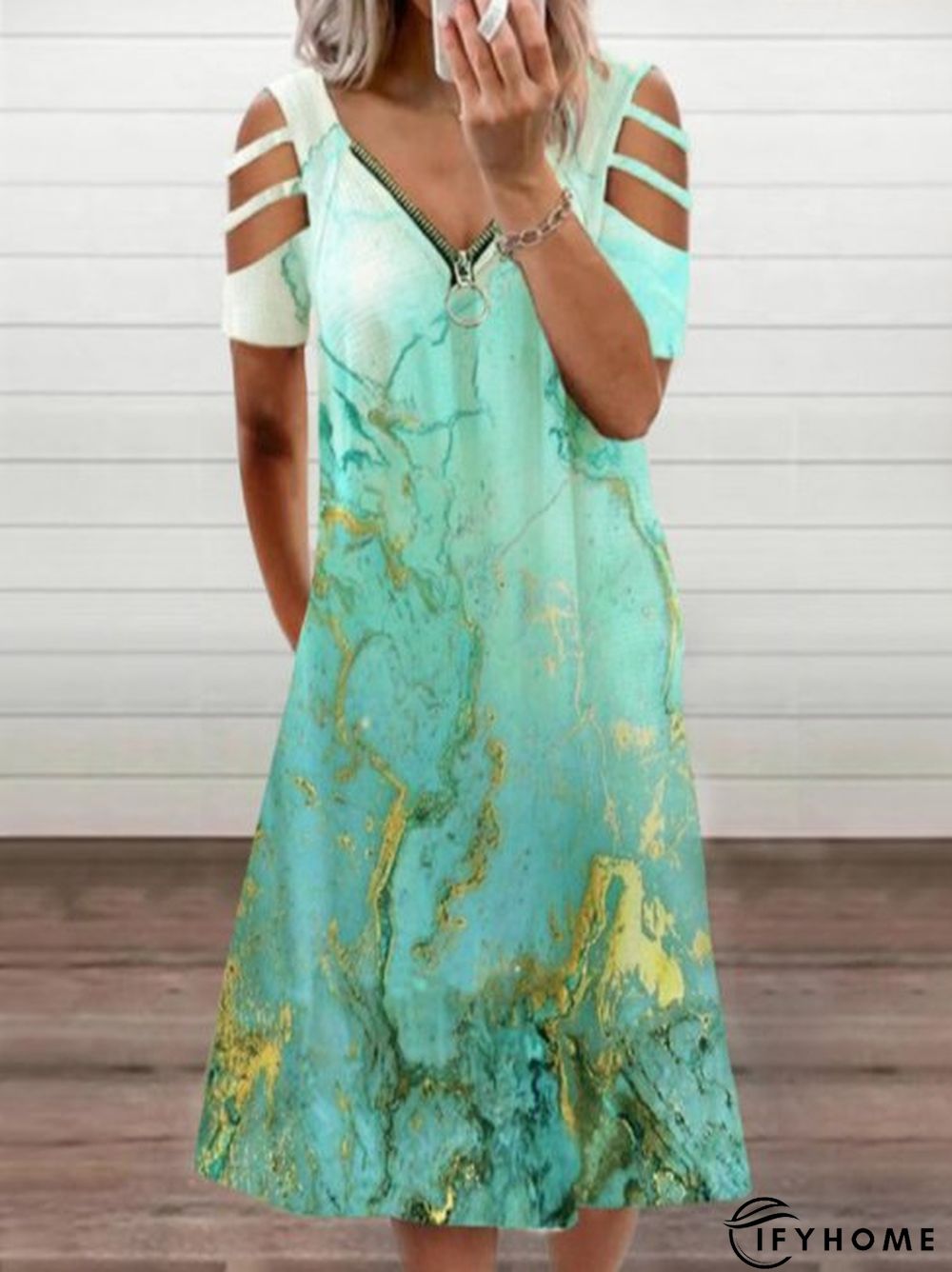 Floral-Print V Neck Short Sleeve Women Dress | IFYHOME