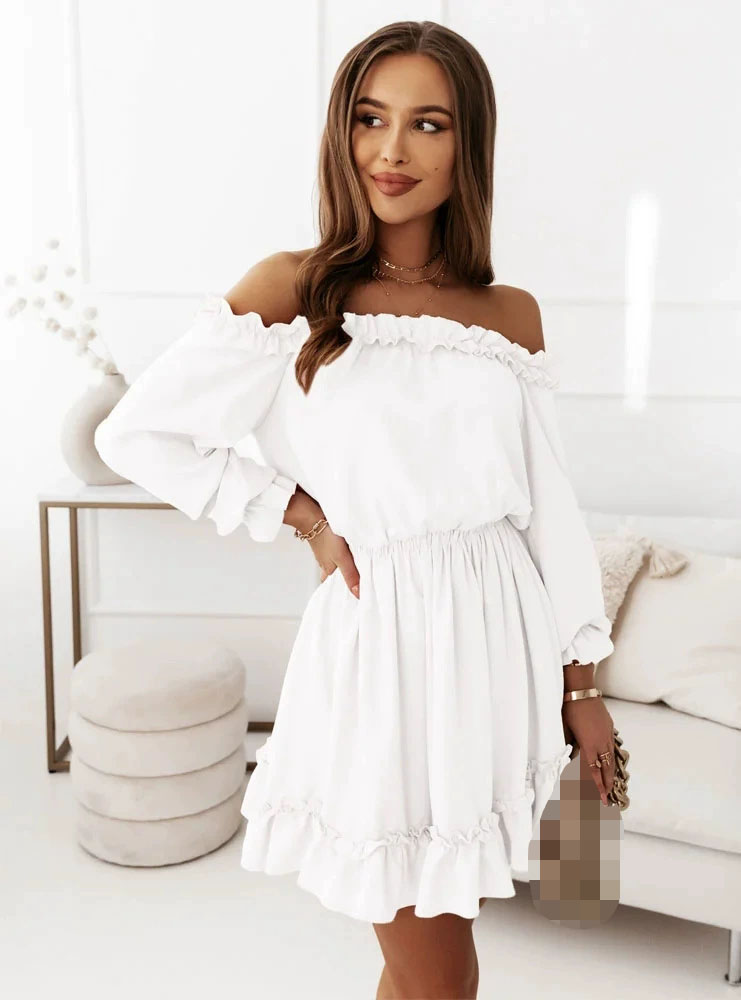 Rambleways Spring Summer New Women's Fashion Solid Color One Piece Collar Off Shoulder Waist Lantern Sleeve Long Sleeve Casual Dress
