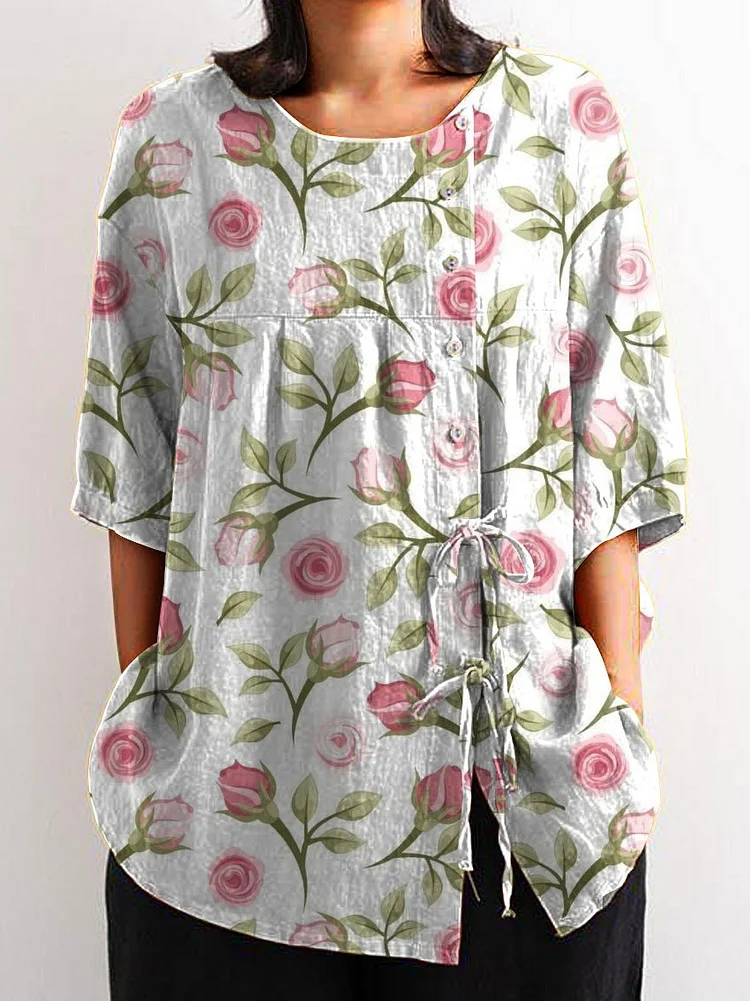 Women's Flower Print Casual Cotton And Linen Shirt