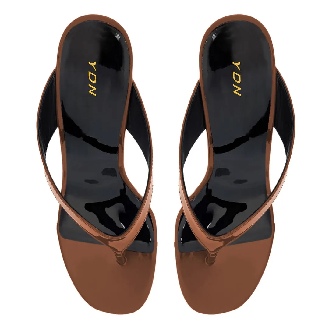 Patent Leather Open Round Toe Slip-On Wedge Sandals in Brown