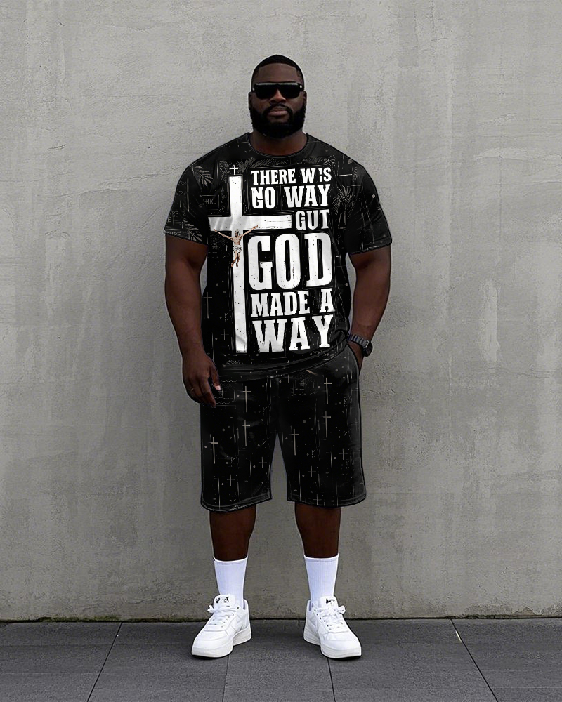 Men's Fashion Cross and Letter Printed Casual Big and Tall Short Sleeve T-shirt Shorts Set