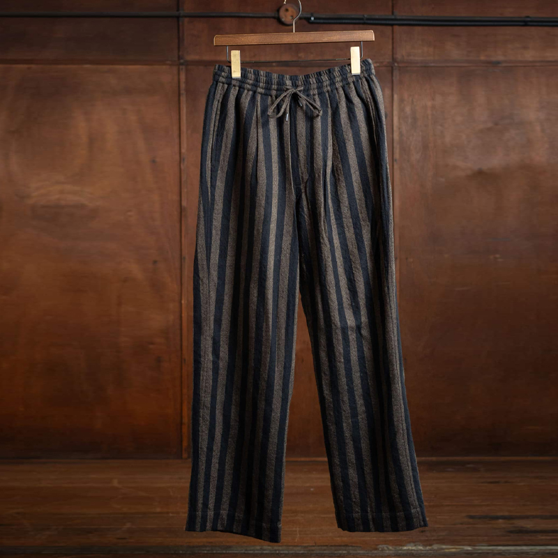 Men's Dark Brown Striped Cotton And Linen Drawstring Trousers