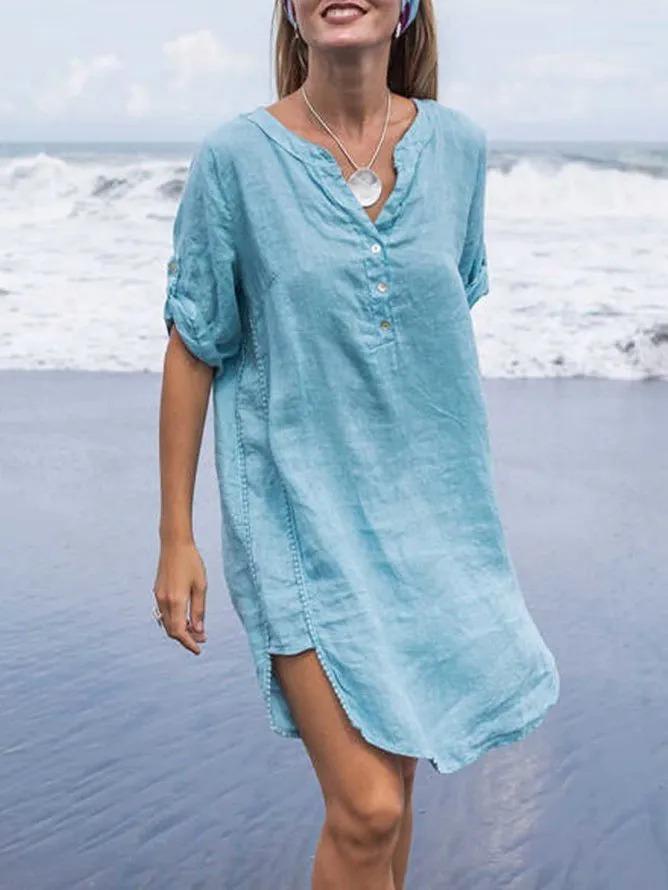 Light Blue Short Sleeve Solid Cotton V Neck Dresses