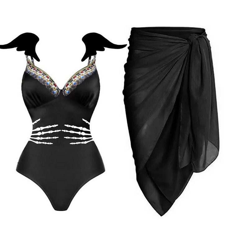 Flaxmaker Halloween Special Limited Edition Devil Wings One Piece Swimsuit and Skirt